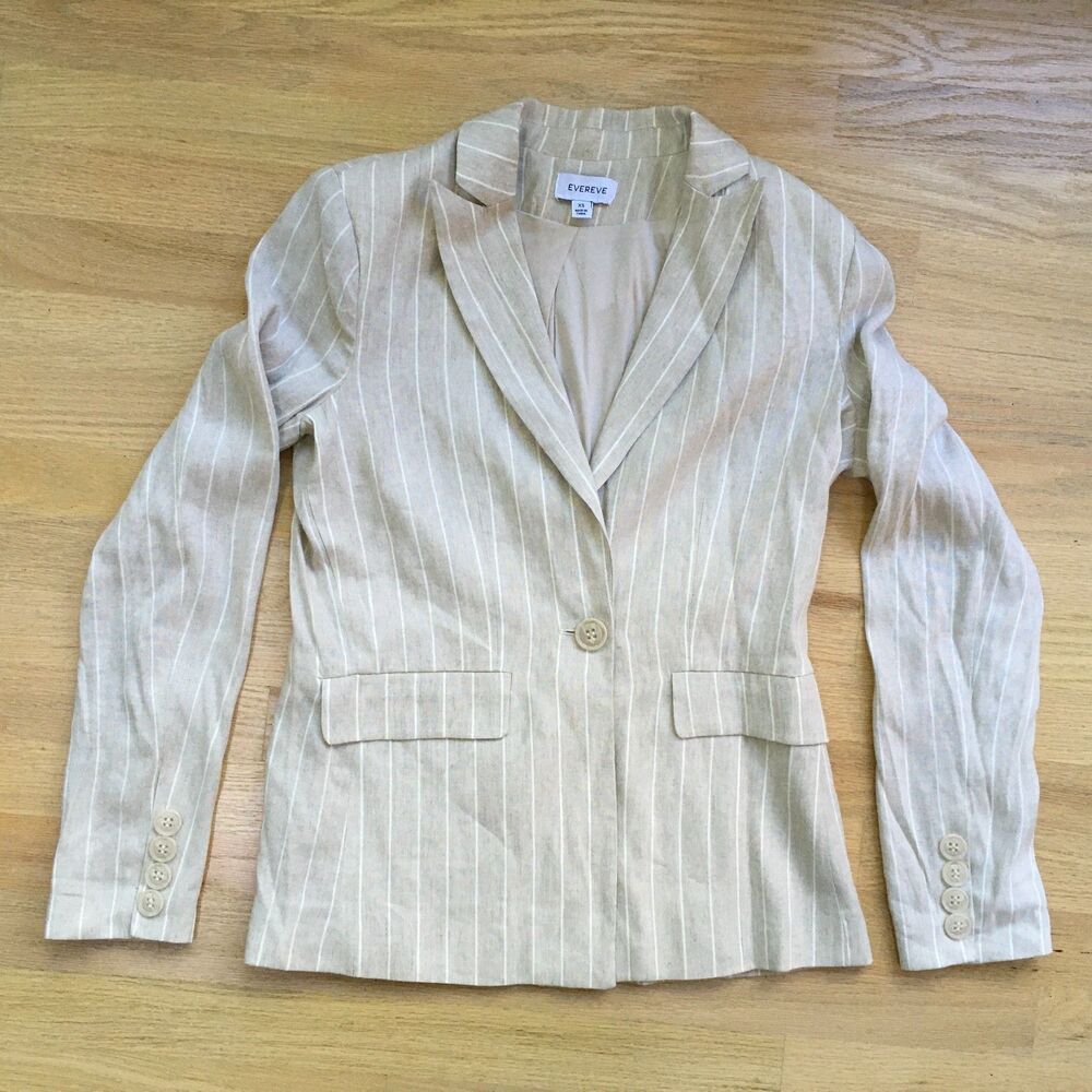 Evereve Blazer Womens XS Beige White Striped Linen Blend Single Button Career
